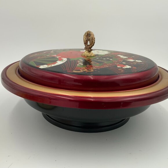 Vtg Republic of China Lazy Susan Lacquer Lidded Footed Serving Tray Fish Handle - Picture 11 of 12